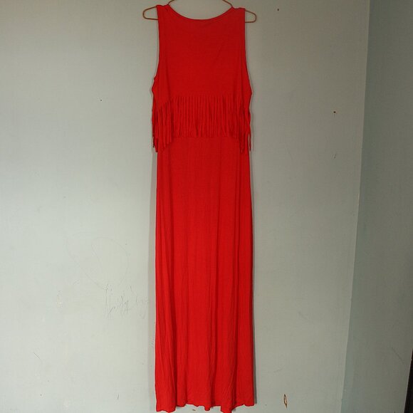 'Spense' NWOT red orange fringe pull over maxi dress - Picture 3 of 4